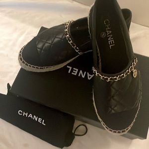 CHANEL Quilted Black Leather Espadrilles with Gold Chain